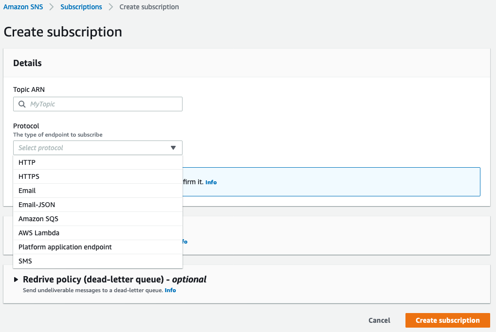 AWS SNS Subscription options